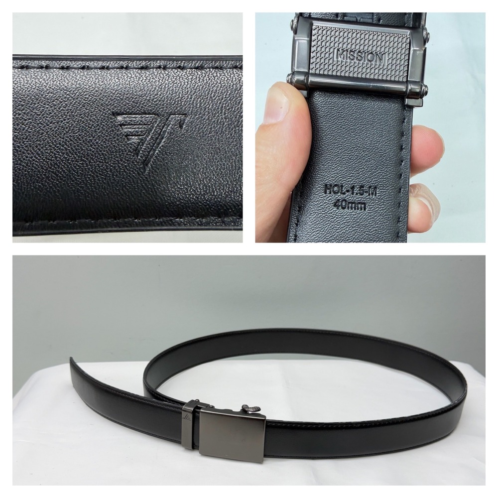 Mission Belt Mens Black Leather Ratchet Belt 40mm Gunmetal Buckle HOL-1.5-M